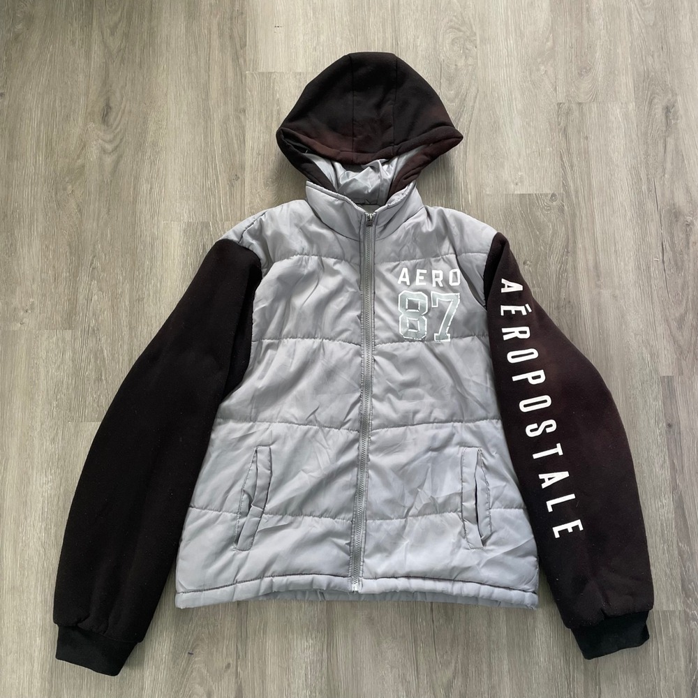 Aeropostale Puffer Jacket Mens 2XL Grey Black Hooded Full Zip Aero 87 Y2K Skater